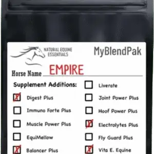 Black supplement pouch labeled “Natural Equine Essentials – MyBlendPak” with horse name “EMPIRE” and selected additions including Digest Plus, Electrolytes Plus, Balancer Plus, and Vita E. Equine