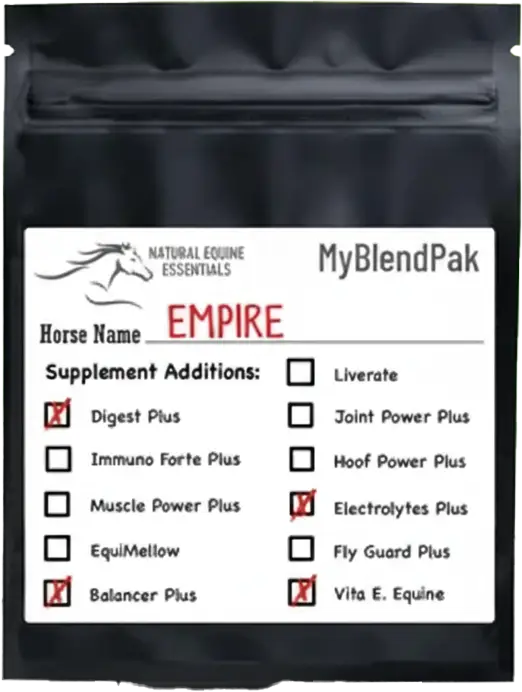 Black supplement pouch labeled “Natural Equine Essentials – MyBlendPak” with horse name “EMPIRE” and selected additions including Digest Plus, Electrolytes Plus, Balancer Plus, and Vita E. Equine