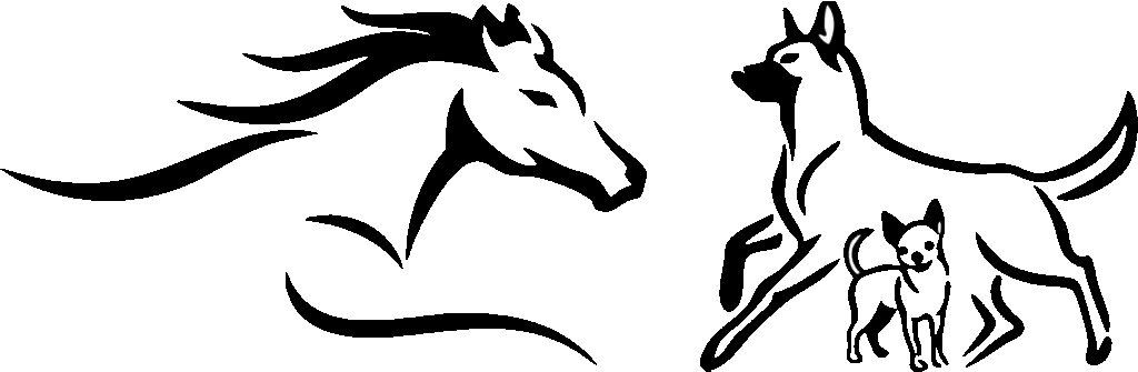 Black silhouette line art of a horse’s head facing right on the left side, with two dogs on the right—a larger dog in profile and a smaller dog standing in front