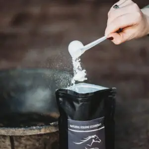 A hand pours a white powdered supplement from a measuring scoop into an open black “Muscle Power Plus” bag by Natural Equine Essentials, with a feed bowl blurred in the background.