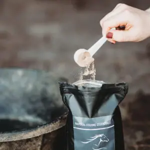 A hand pours a scoop of light brown Healthy Gut Plus supplement powder into an open Natural Equine Essentials bag, with a black feed bowl partially visible beside it in a stable setting.