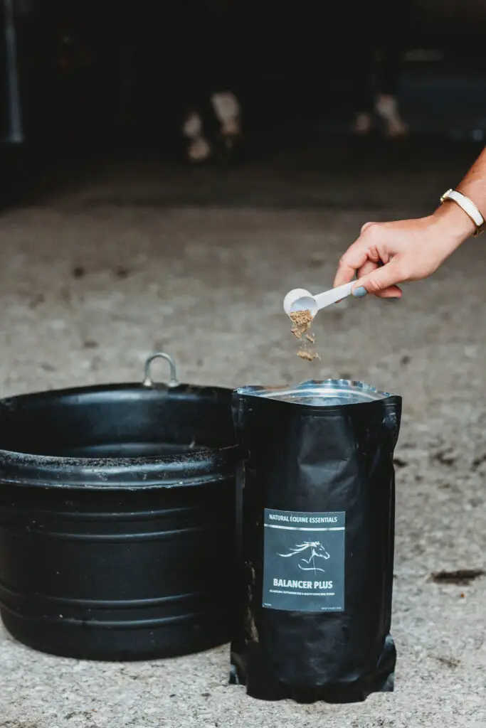 Hand holding a scoop of granular supplement above a black feed bucket next to a Natural Equine Essentials Balancer Plus pouch inside a barn aisle.