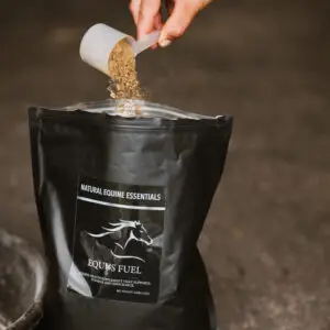 A hand pours a scoop of fine brown Equus Fuel supplement powder into an open Natural Equine Essentials bag, with the black packaging and logo clearly visible in a stable setting.