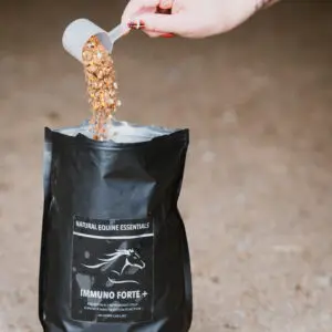 A hand pours a scoop of grain-based Immuno Forte+ supplement into an open Natural Equine Essentials bag, with the black packaging and product label clearly visible.