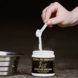 Hand sprinkling white powder from a small scoop into an open Natural Pet Essentials Digestive Enzymes container beside a metal pet bowl on a dark background.