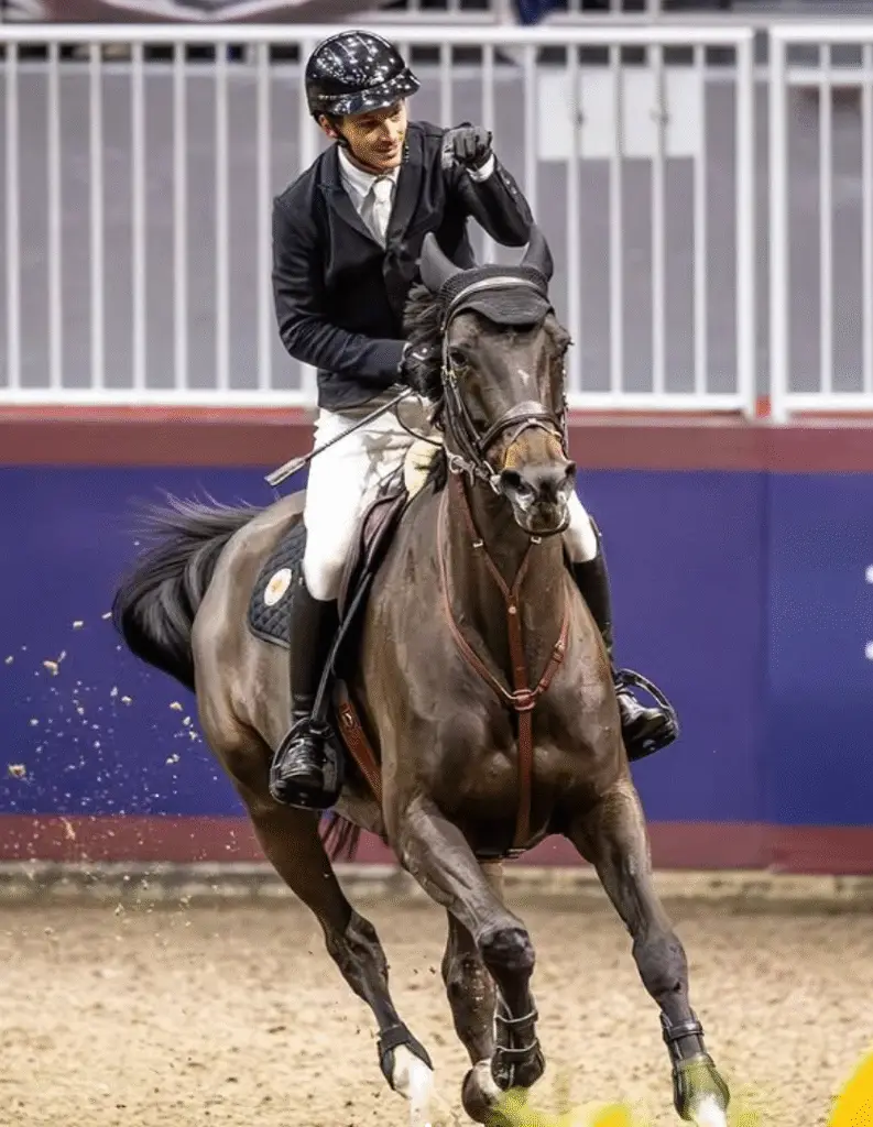 A rider in formal show attire guides a dark horse through a tight turn inside an indoor arena, with sand footing and arena railings visible in the background.