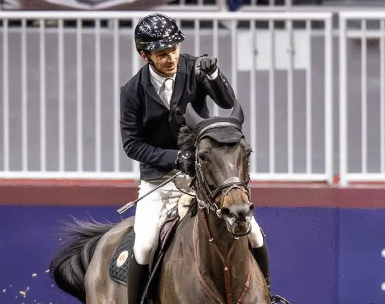 A rider in formal show attire guides a dark horse through a tight turn inside an indoor arena, with sand footing and arena railings visible in the background.