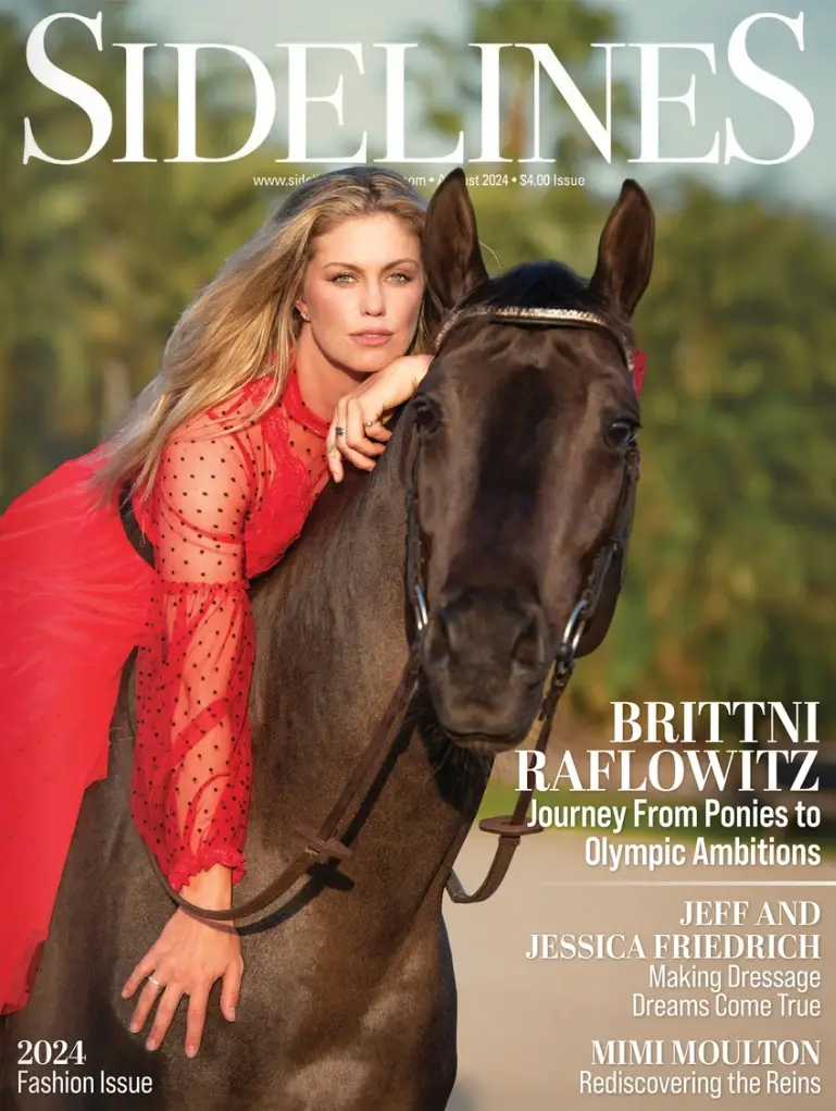 A professional magazine cover for Sidelines "2024 Fashion Issue" featuring equestrian Brittni Raflowitz. She is wearing a vibrant red polka-dot dress and leaning gracefully against the neck of a dark bay horse. The background shows a soft-focus sunset over a tropical landscape.
